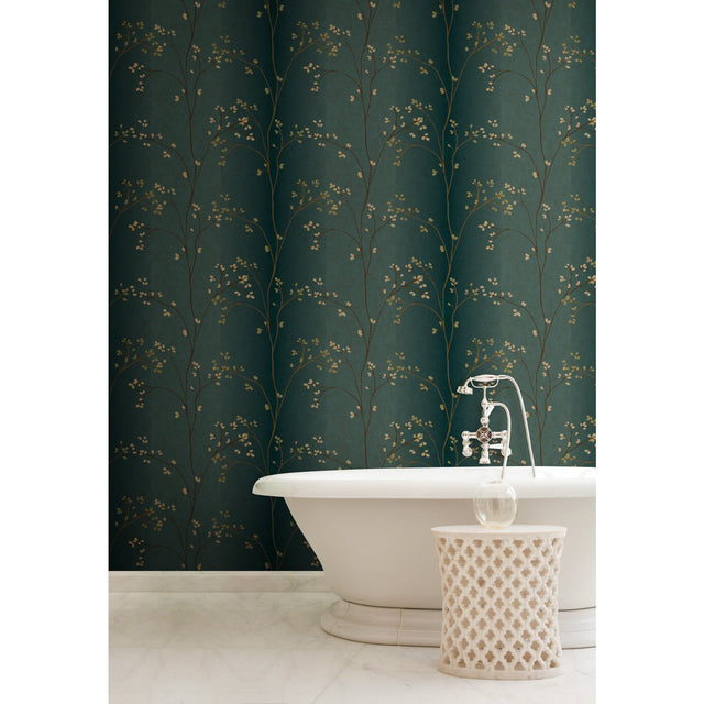 Vertical Blossoms Teal Metallic Wallpaper with Metallic Floral Branch Pattern - York BR6224