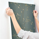 Vertical Blossoms Teal Metallic Wallpaper with Metallic Floral Branch Pattern - York BR6224