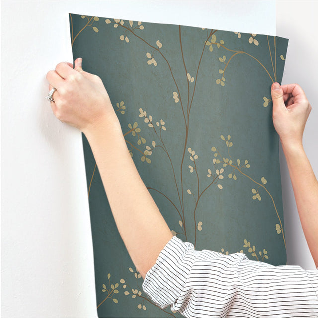 Vertical Blossoms Teal Metallic Wallpaper with Metallic Floral Branch Pattern - York BR6224