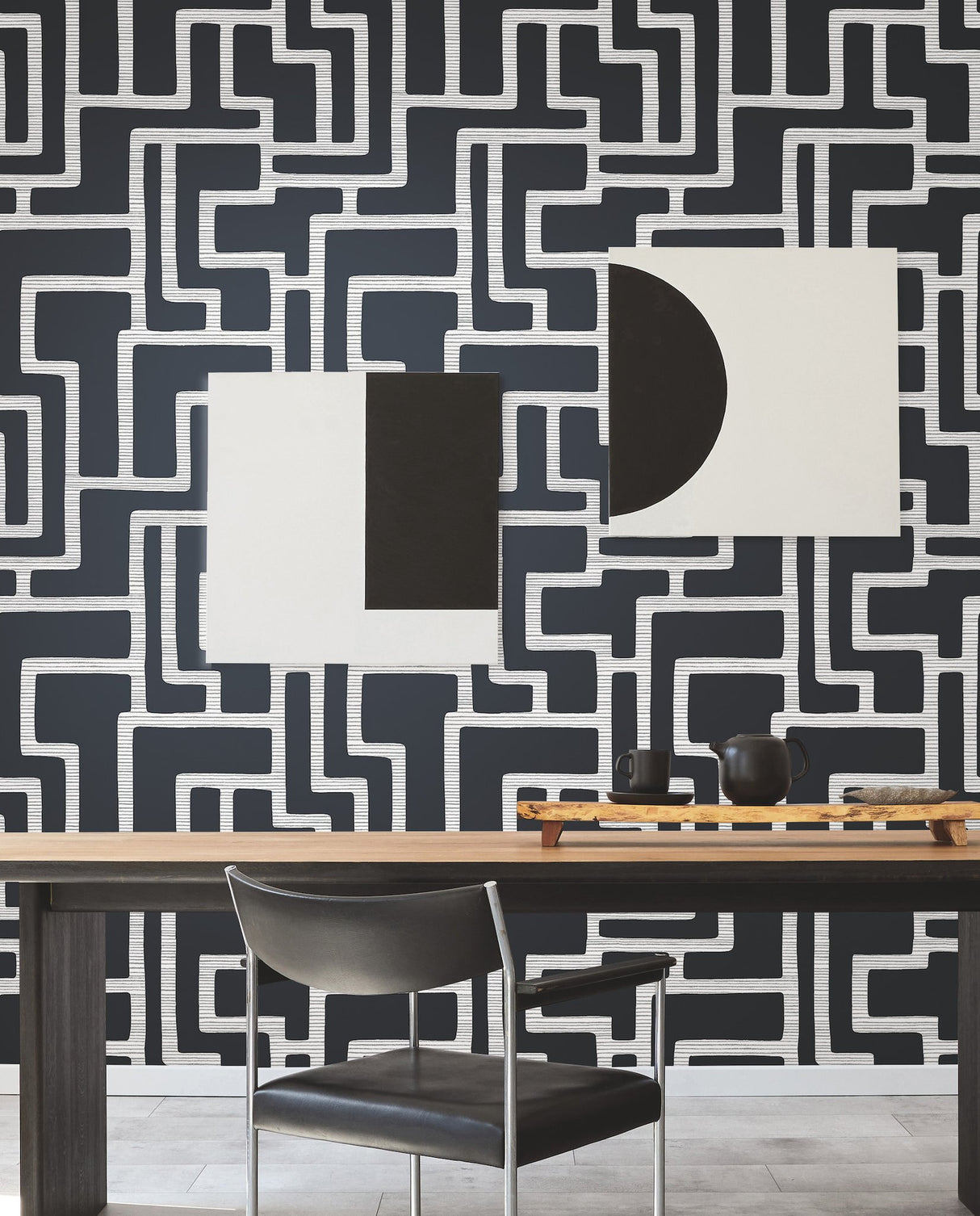 Graphic Polyomino Black & White Wallpaper with Geometric Maze Stripe Motif - York BW3831