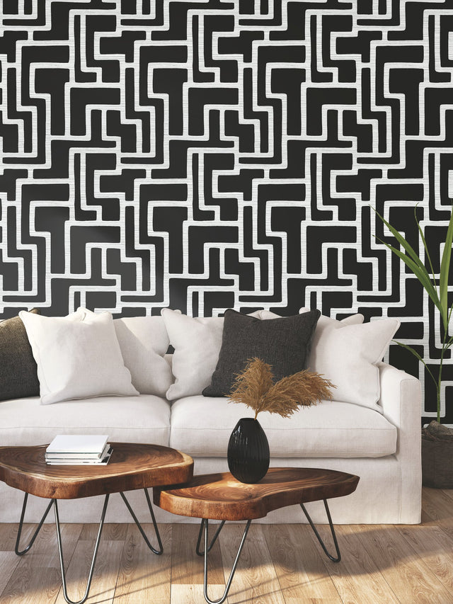 Graphic Polyomino Black & White Wallpaper with Geometric Maze Stripe Motif - York BW3831