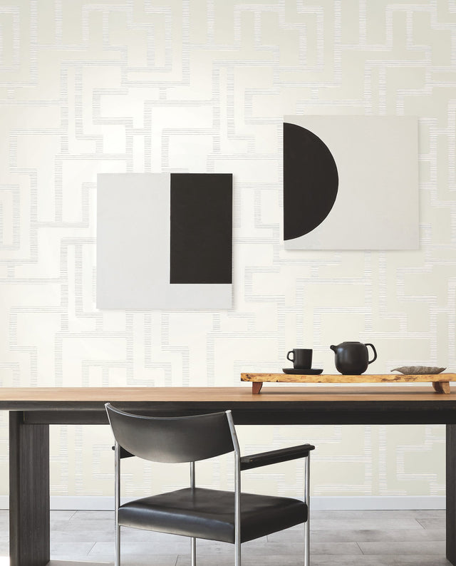 Graphic Polyomino Pearl Wallpaper with Geometric Stripe Path Motif - York BW3832