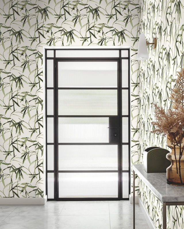 Bamboo Ink Green & Black Wallpaper with Botanical Watercolor Bamboo Motif - York BW3842