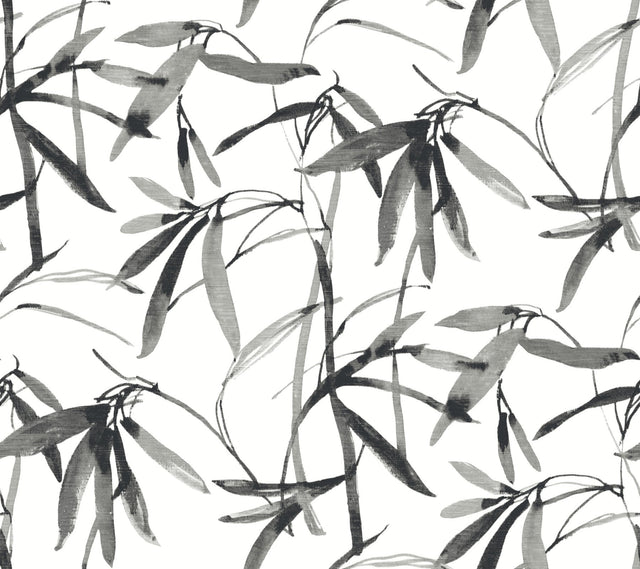 Bamboo Ink Black & White Wallpaper with Watercolor Bamboo Leaf Motif - York BW3843