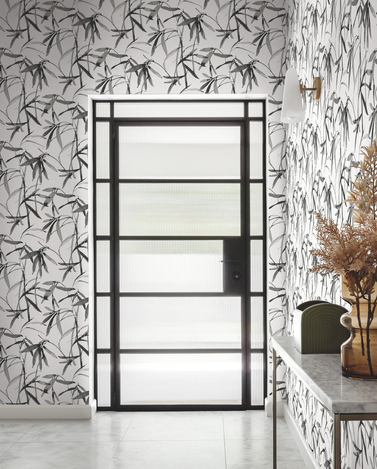 Bamboo Ink Black & White Wallpaper with Watercolor Bamboo Leaf Motif - York BW3843