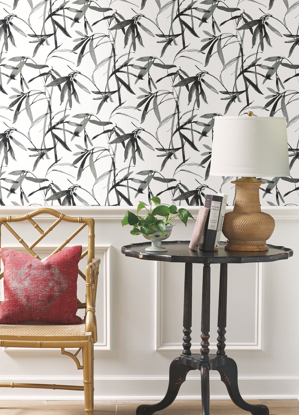 Bamboo Ink Black & White Wallpaper with Watercolor Bamboo Leaf Motif - York BW3843