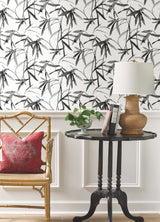Bamboo Ink Black & White Wallpaper with Watercolor Bamboo Leaf Motif - York BW3843