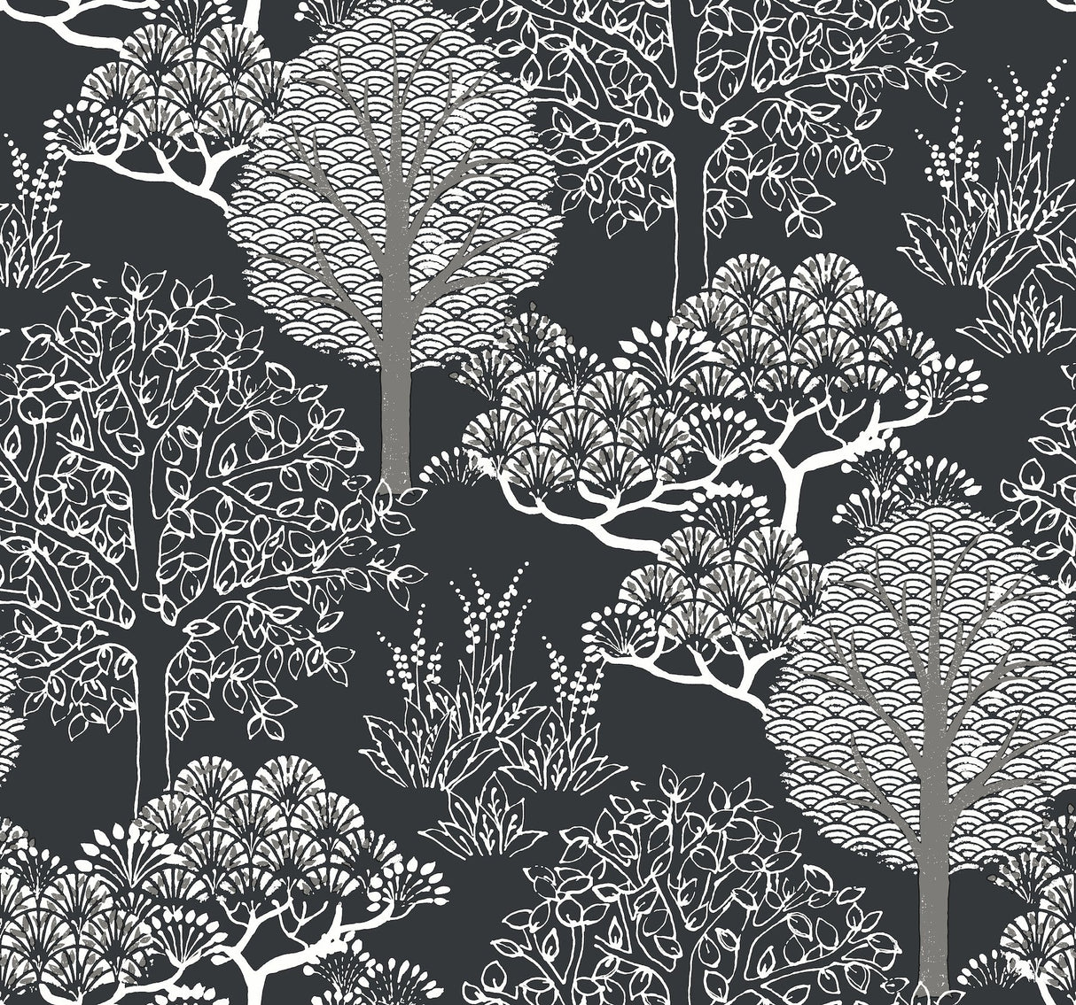 Kimono Trees Black Metallic Wallpaper with Botanical Metallic Sure Strip Style - York BW3852