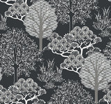 Kimono Trees Black Metallic Wallpaper with Botanical Metallic Sure Strip Style - York BW3852