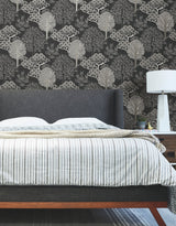 Kimono Trees Black Metallic Wallpaper with Botanical Metallic Sure Strip Style - York BW3852