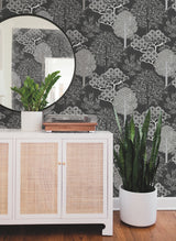 Kimono Trees Black Metallic Wallpaper with Botanical Metallic Sure Strip Style - York BW3852