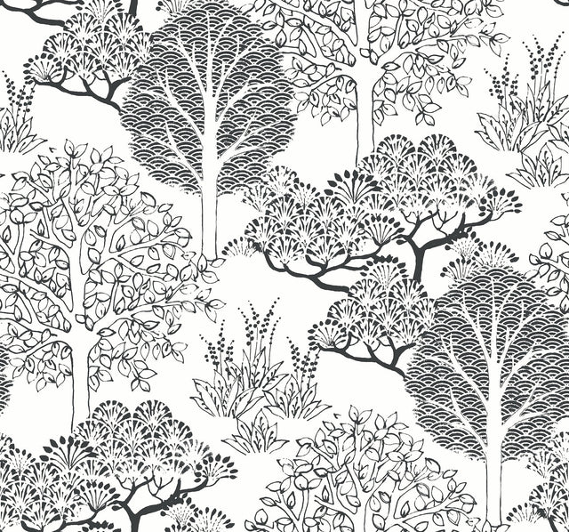 Kimono Trees White & Black Wallpaper with Botanical Tree Motif - York BW3853