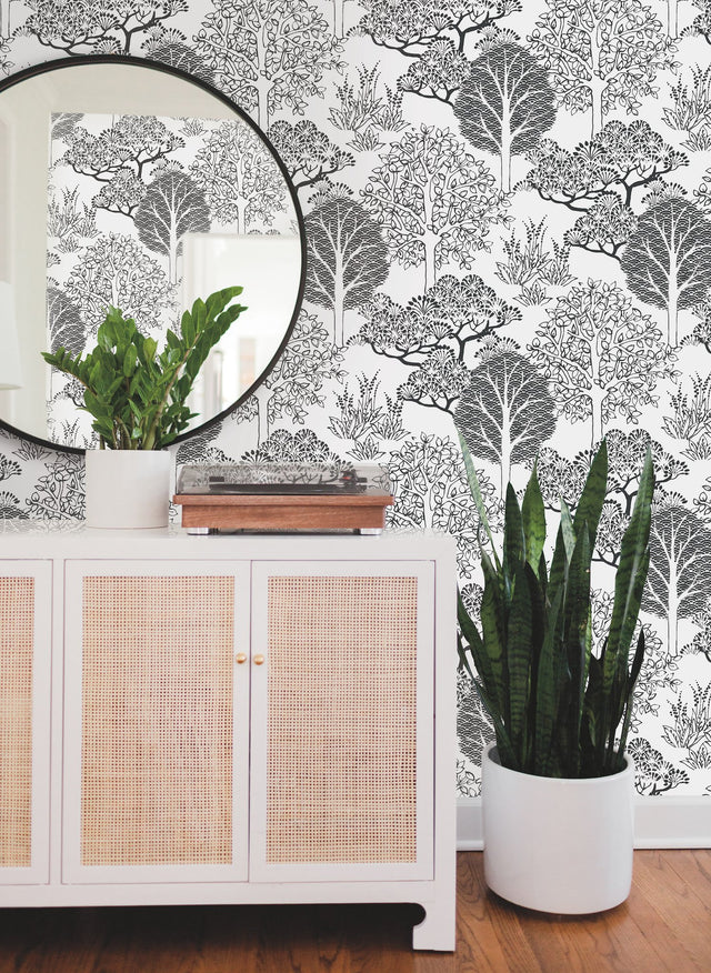 Kimono Trees White & Black Wallpaper with Botanical Tree Motif - York BW3853