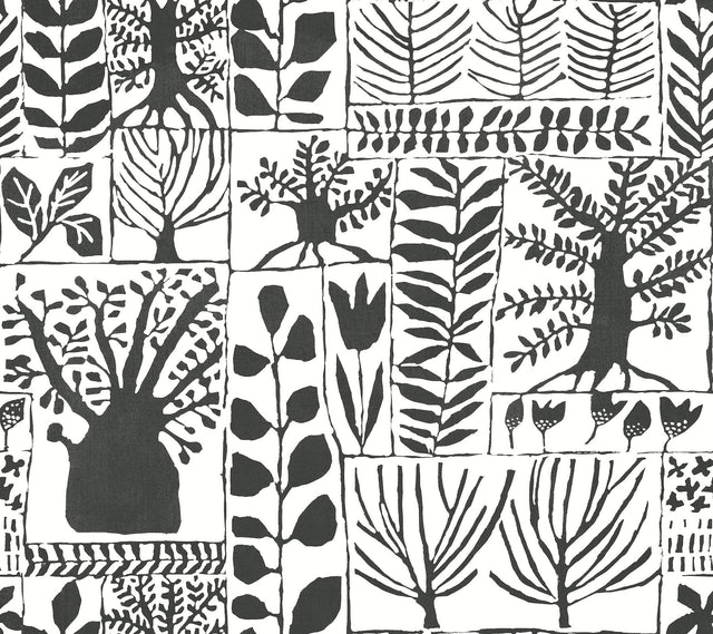 Primitive Trees Black & White Wallpaper with Botanical Primitive Tree Motif - York BW3862