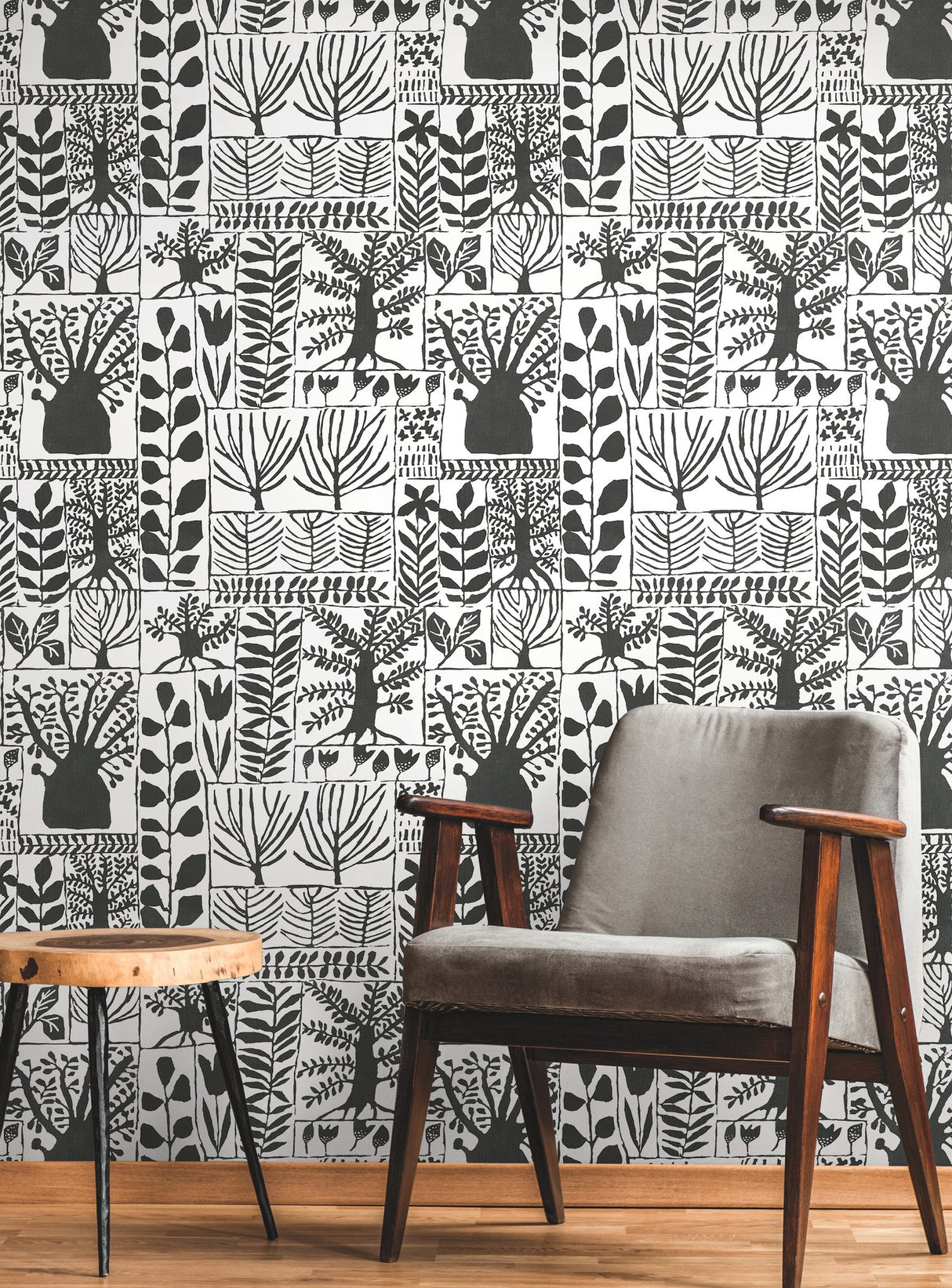 Primitive Trees Black & White Wallpaper with Botanical Primitive Tree Motif - York BW3862
