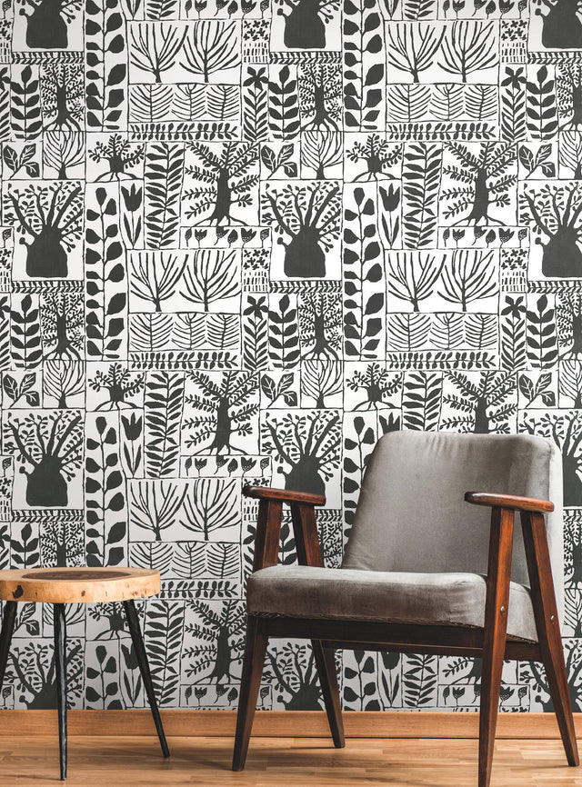 Primitive Trees Black & White Wallpaper with Botanical Primitive Tree Motif - York BW3862