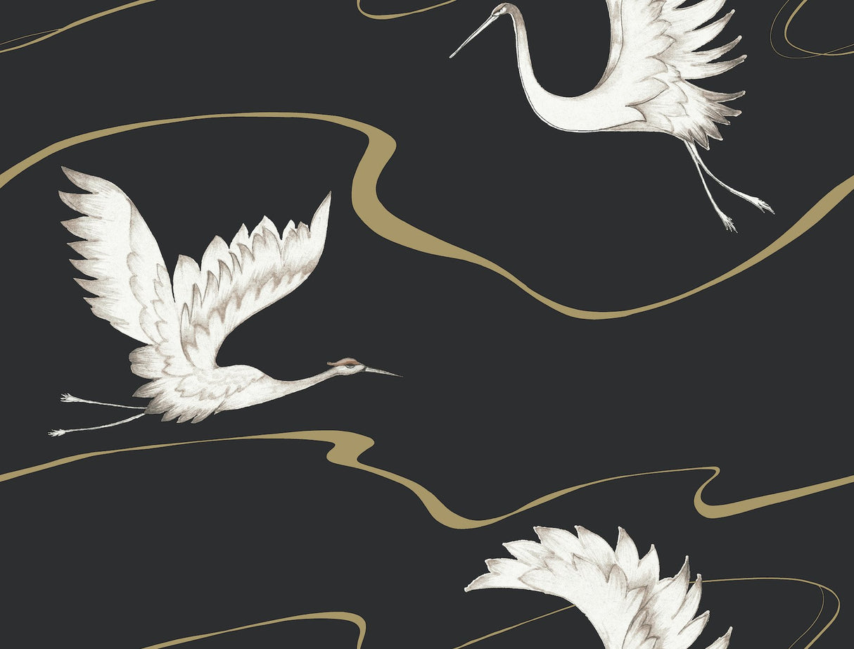 Soaring Cranes Black & Gold Wallpaper with Asian-Inspired Birds and Metallic Ribbons - York BW3871