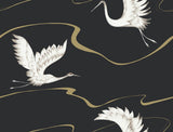 Soaring Cranes Black & Gold Wallpaper with Asian-Inspired Birds and Metallic Ribbons - York BW3871