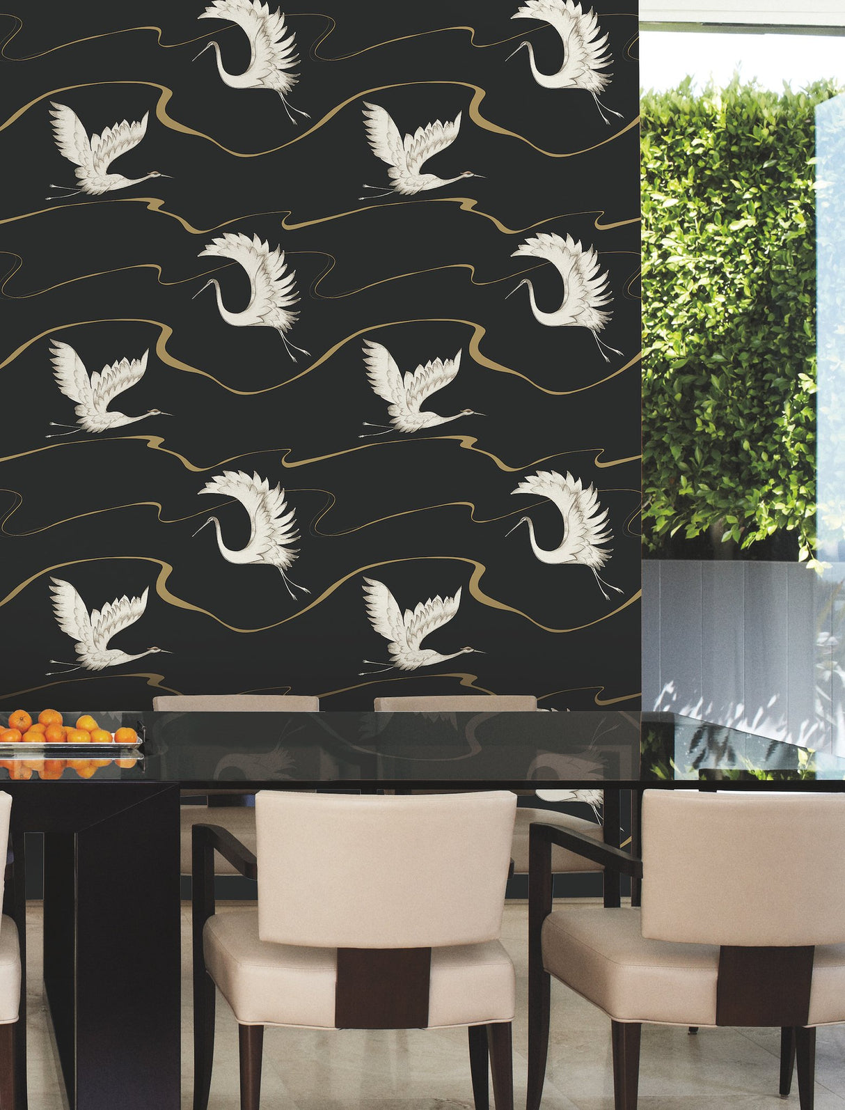 Soaring Cranes Black & Gold Wallpaper with Asian-Inspired Birds and Metallic Ribbons - York BW3871