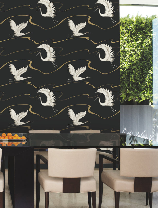 Soaring Cranes Black & Gold Wallpaper with Asian-Inspired Birds and Metallic Ribbons - York BW3871