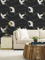 Soaring Cranes Black & Gold Wallpaper with Asian-Inspired Birds and Metallic Ribbons - York BW3871