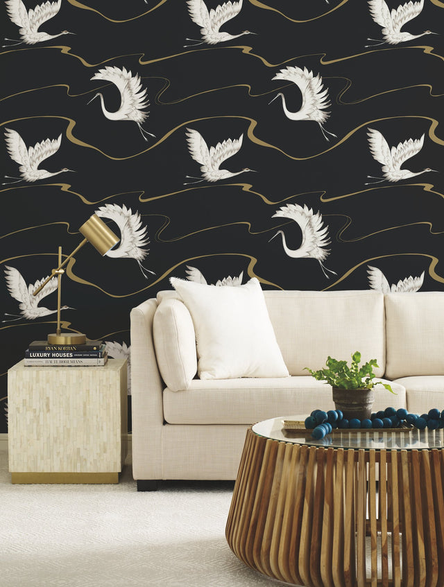 Soaring Cranes Black & Gold Wallpaper with Asian-Inspired Birds and Metallic Ribbons - York BW3871