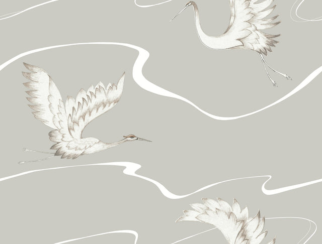 Soaring Cranes Taupe Wallpaper with Asian-Inspired Birds Motif - York BW3872