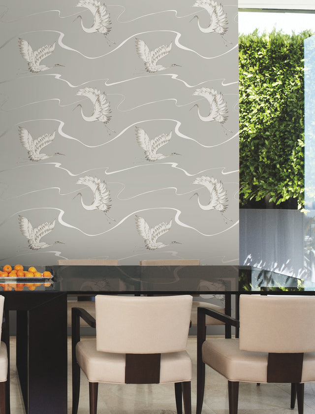 Soaring Cranes Taupe Wallpaper with Asian-Inspired Birds Motif - York BW3872
