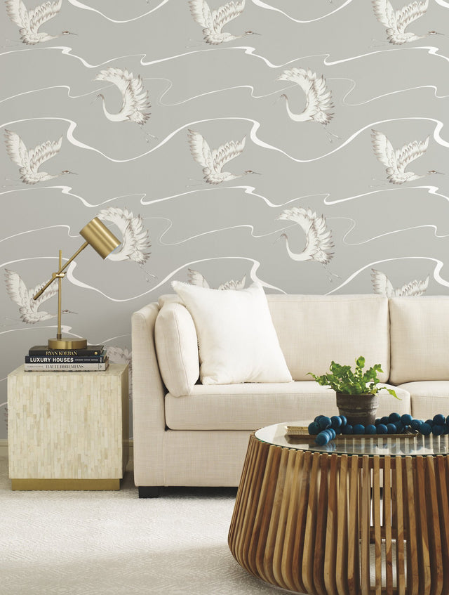 Soaring Cranes Taupe Wallpaper with Asian-Inspired Birds Motif - York BW3872