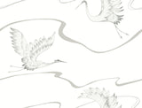 Soaring Cranes White & Silver Wallpaper with Asian-Inspired Birds Motif - York BW3873