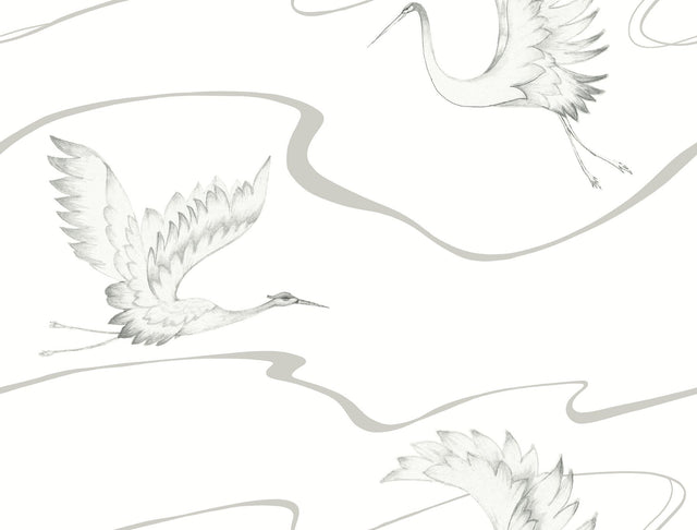 Soaring Cranes White & Silver Wallpaper with Asian-Inspired Birds Motif - York BW3873