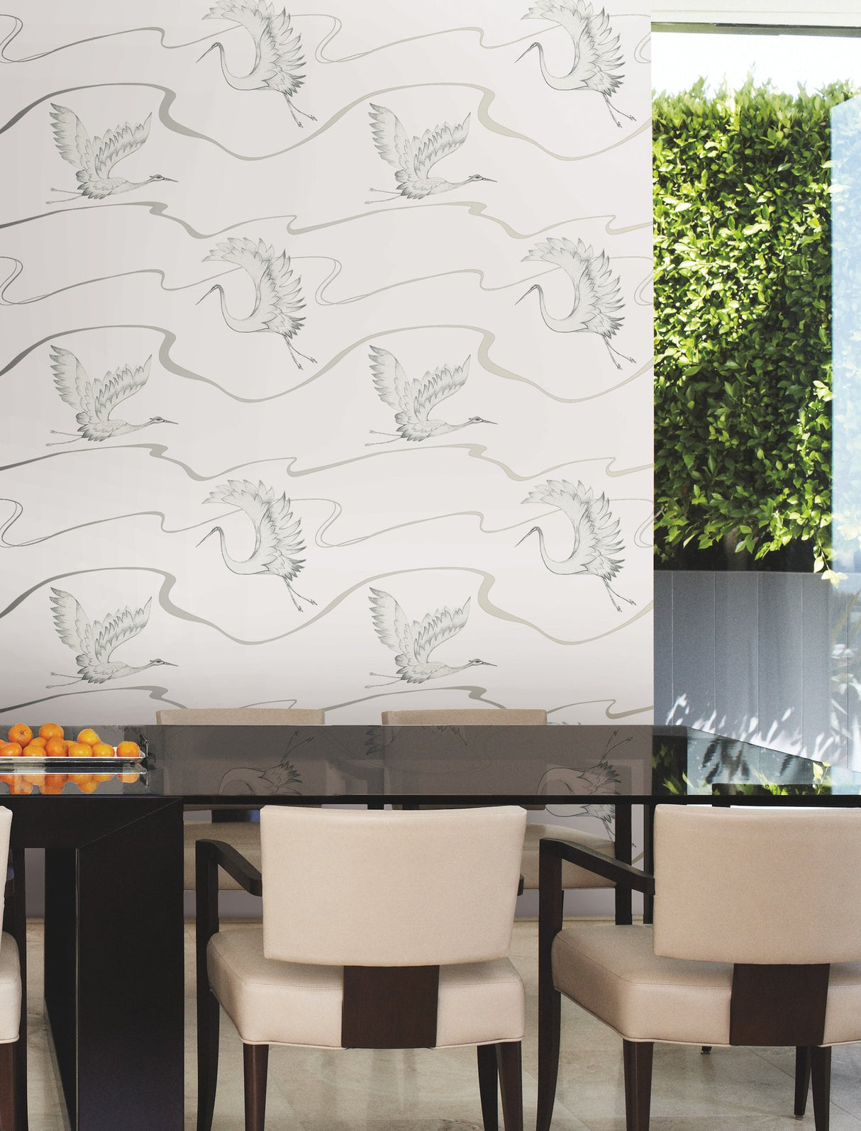 Soaring Cranes White & Silver Wallpaper with Asian-Inspired Birds Motif - York BW3873