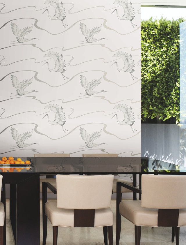Soaring Cranes White & Silver Wallpaper with Asian-Inspired Birds Motif - York BW3873