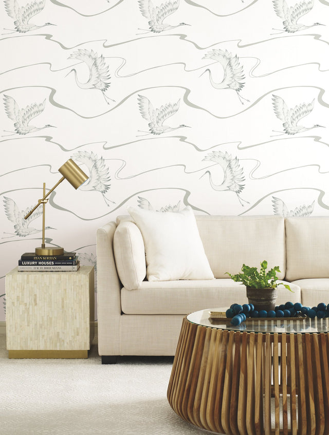 Soaring Cranes White & Silver Wallpaper with Asian-Inspired Birds Motif - York BW3873