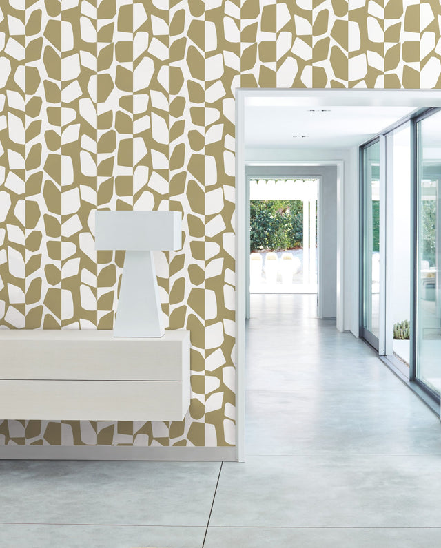 Primitive Vines Gold Metallic Wallpaper with Geometric Vining Leaf Motif - York BW3892