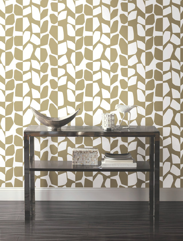 Primitive Vines Gold Metallic Wallpaper with Geometric Vining Leaf Motif - York BW3892