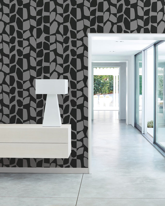 Primitive Vines Black Metallic Wallpaper with Geometric Vining Motif - York BW3894