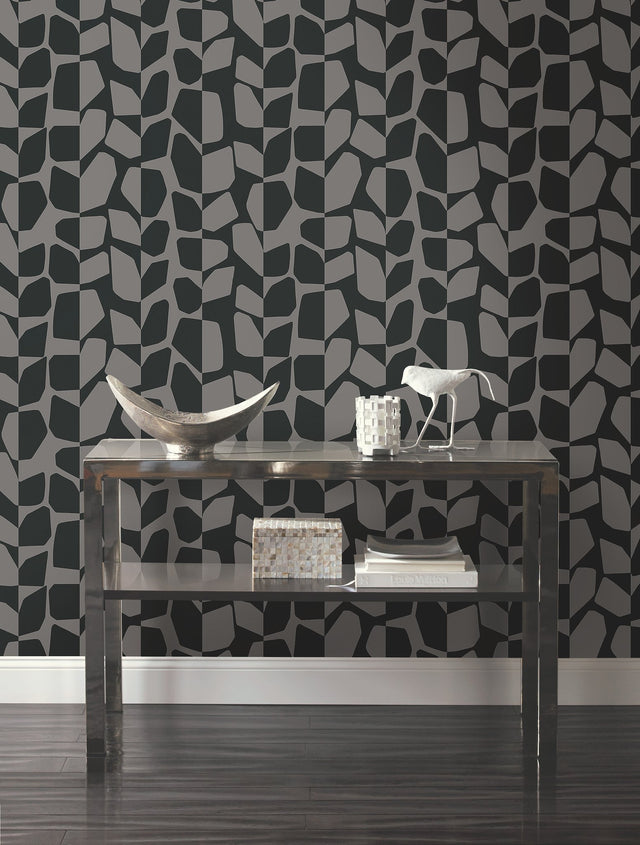 Primitive Vines Black Metallic Wallpaper with Geometric Vining Motif - York BW3894
