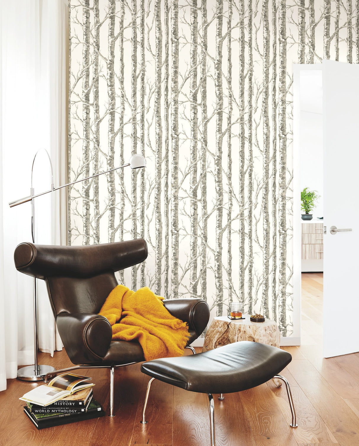Paper Birch White & Grey Wallpaper with Botanical Birch Tree Motif - York BW3901