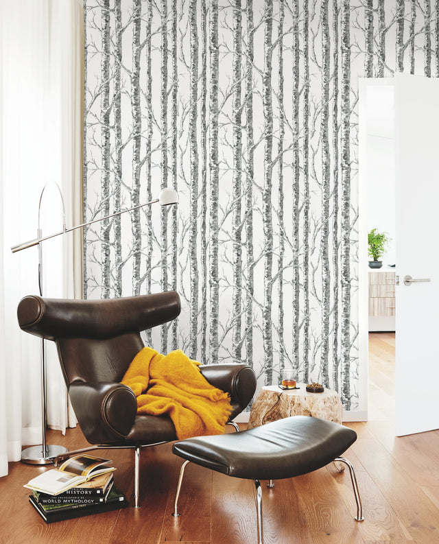 Paper Birch Black & White Wallpaper with Botanical Birch Tree Pattern - York BW3902