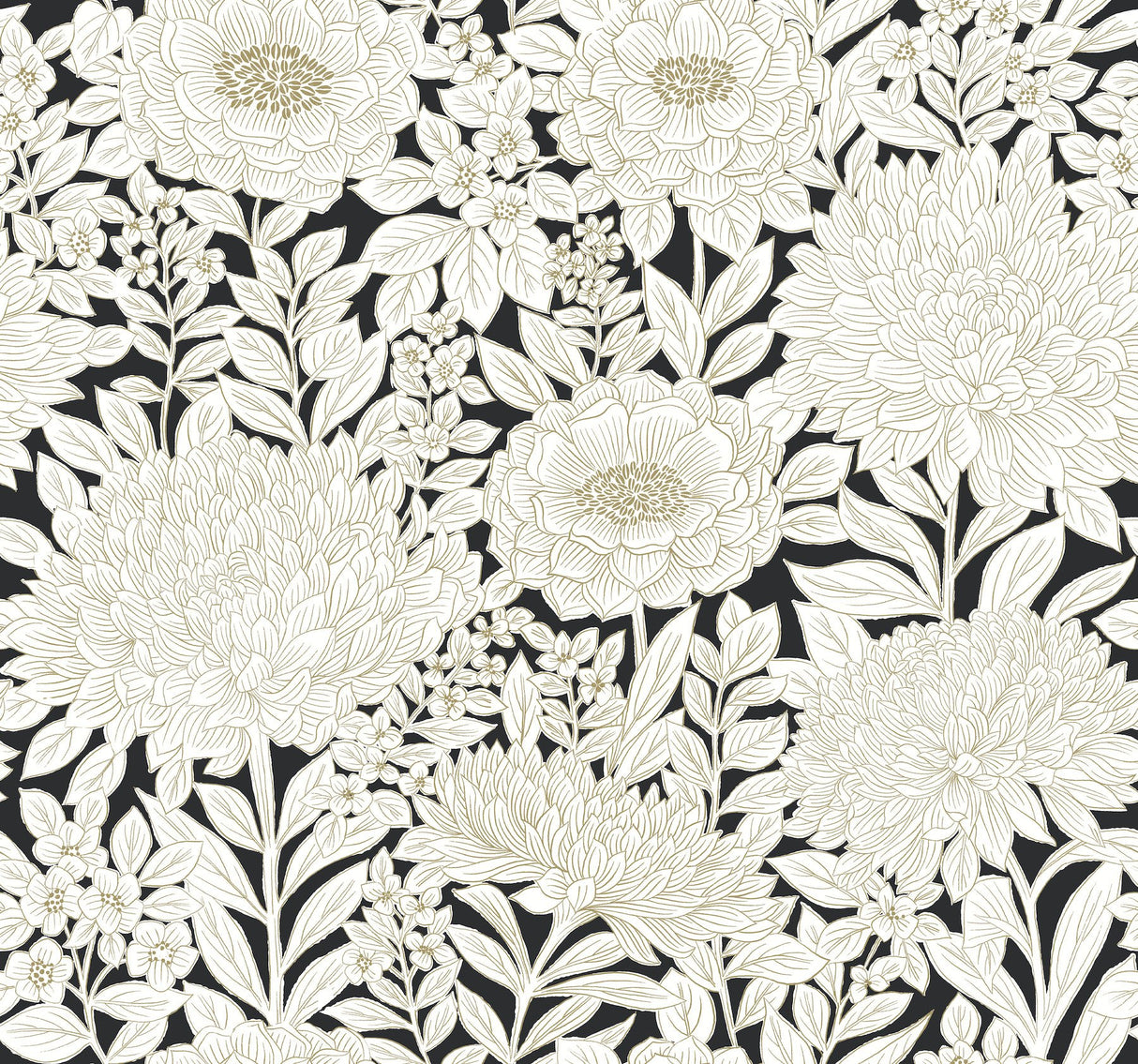 Wood Block Blooms Black & Gold Wallpaper with Metallic Floral Outline - York BW3923