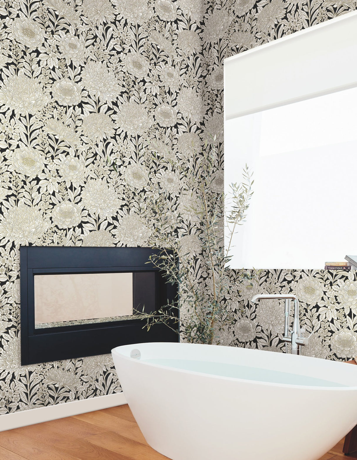 Wood Block Blooms Black & Gold Wallpaper with Metallic Floral Outline - York BW3923