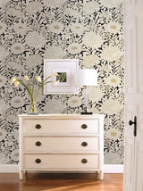 Wood Block Blooms Black & Gold Wallpaper with Metallic Floral Outline - York BW3923