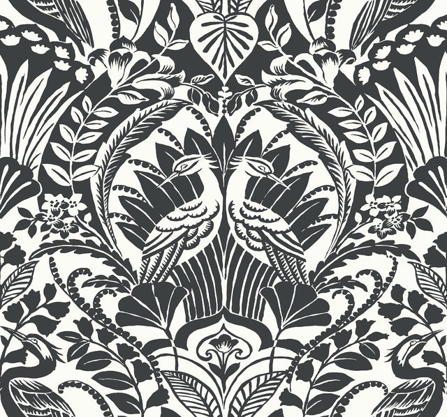 Egret Damask Black & White Wallpaper with Bird Medallion Botanical Motif - York BW3931