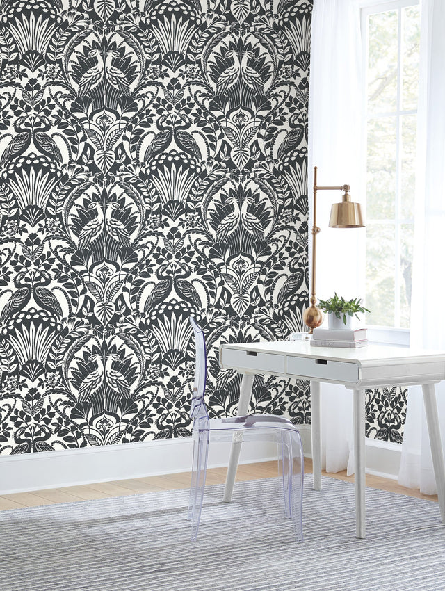 Egret Damask Black & White Wallpaper with Bird Medallion Botanical Motif - York BW3931