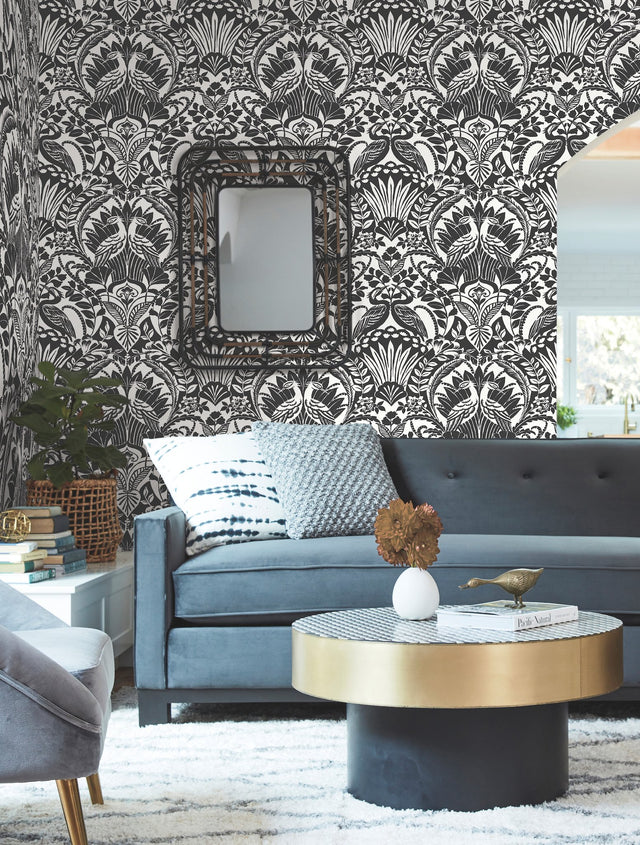 Egret Damask Black & White Wallpaper with Bird Medallion Botanical Motif - York BW3931