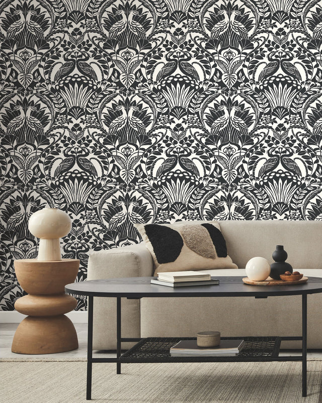Egret Damask Black & White Wallpaper with Bird Medallion Botanical Motif - York BW3931