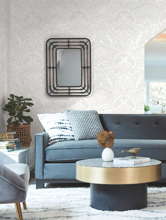 Egret Damask White & Cream Wallpaper with Bird Medallion Motif - York BW3932