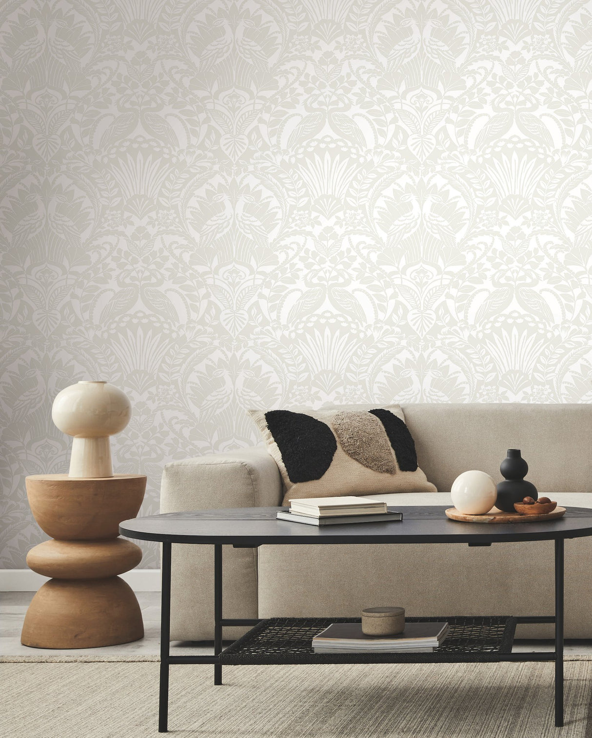 Egret Damask White & Cream Wallpaper with Bird Medallion Motif - York BW3932