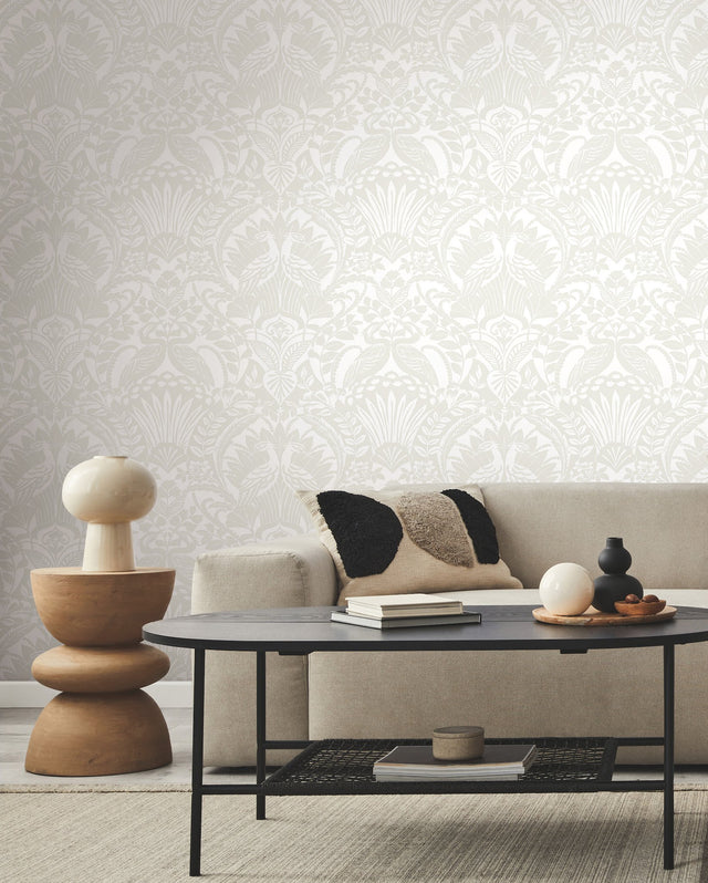 Egret Damask White & Cream Wallpaper with Bird Medallion Motif - York BW3932